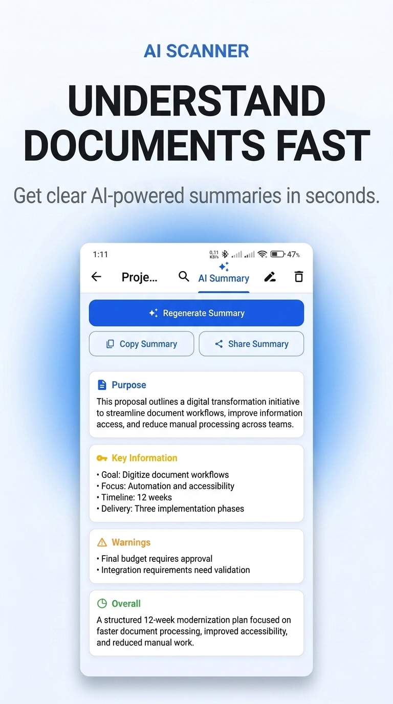 AI Scanner AI-powered document summary showing purpose, key information and warnings