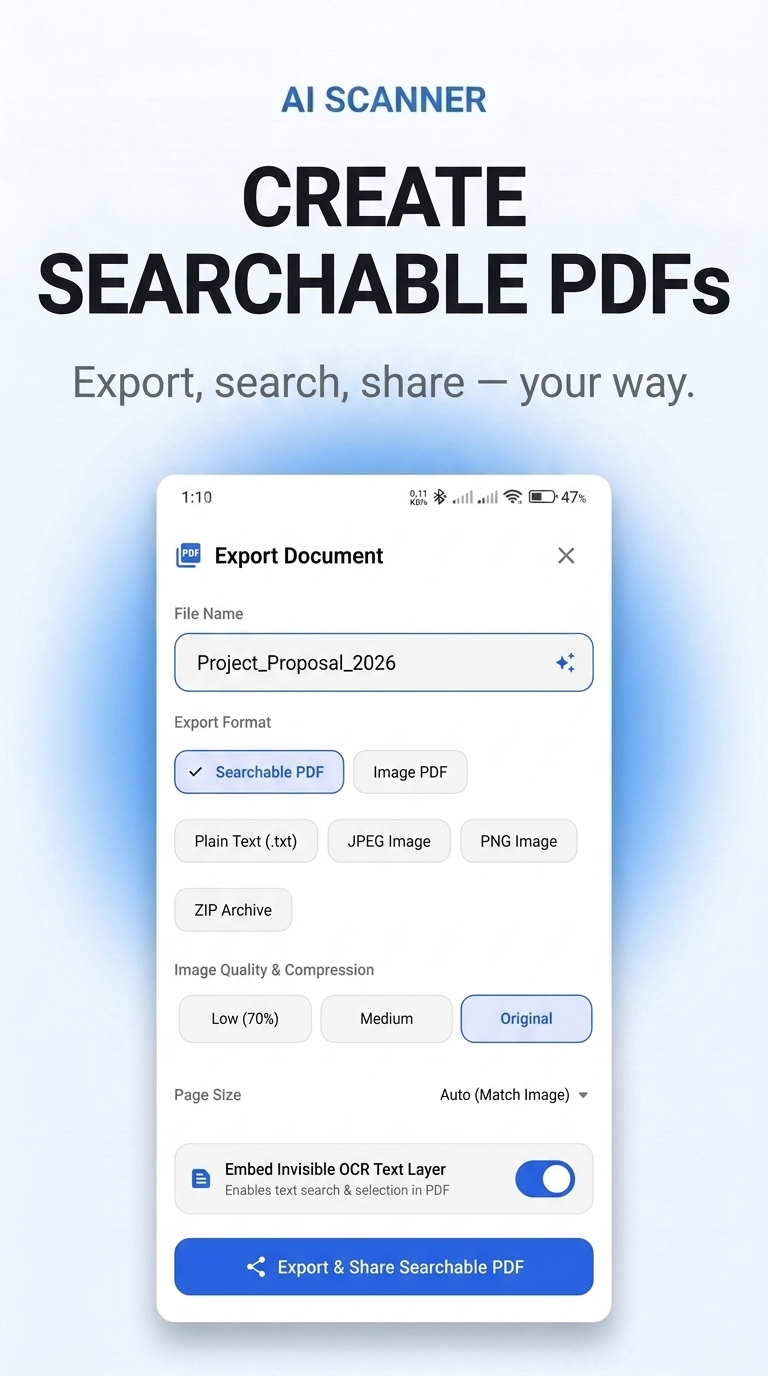 AI Scanner searchable PDF export options
