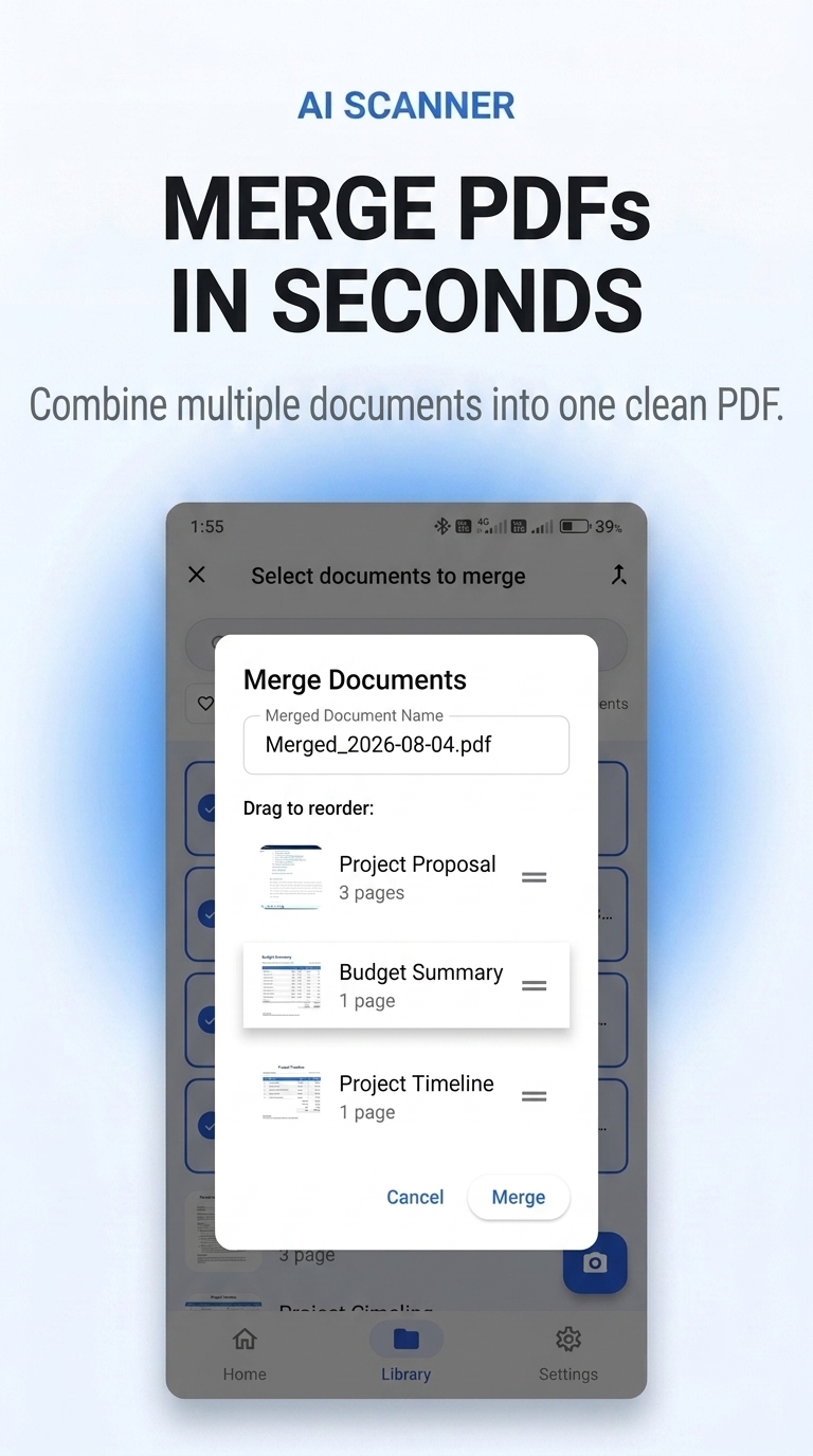 AI Scanner PDF merge and page reordering interface
