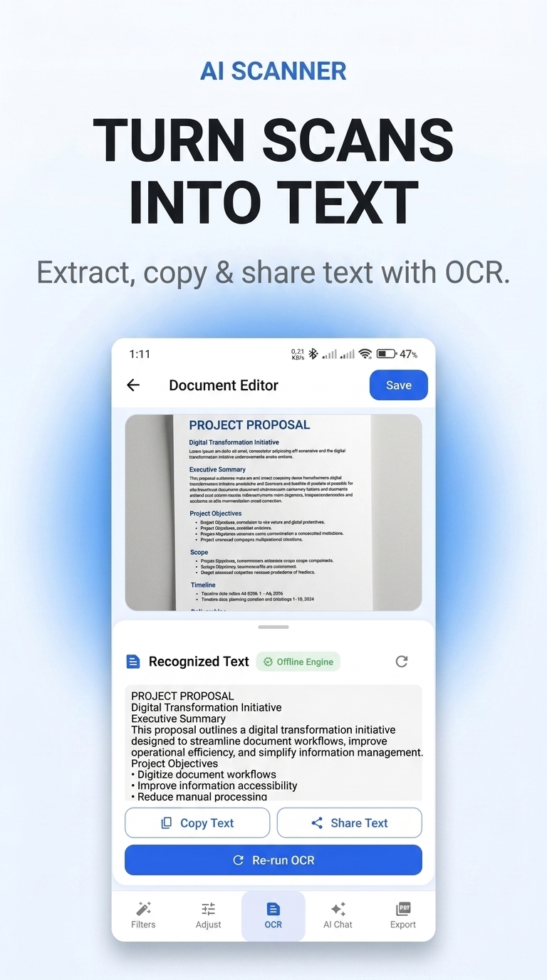 AI Scanner OCR interface extracting selectable text from a scanned document